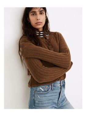 Madewell Bowden Henley Sweater in Coziest Yarn Wide Ribbed Earthy Minimalist S